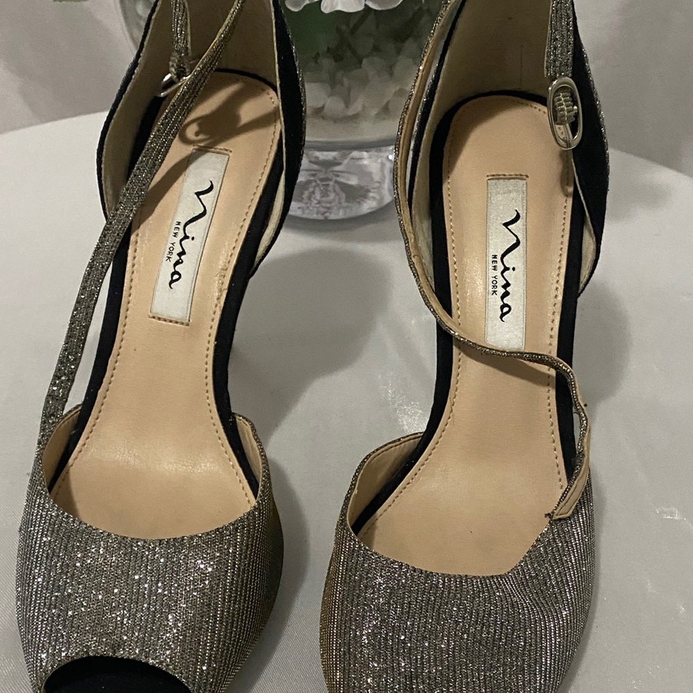 Nina Glitter Peep-Toe Heels - Silver and Black